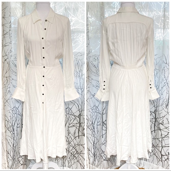 BA&SH Nida white collared long sleeve elastic waist hugging button up midi dress - Picture 6 of 16